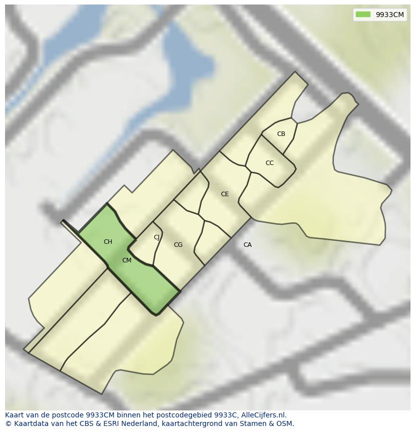 Afbeelding van het postcodegebied 9933 CM op de kaart.