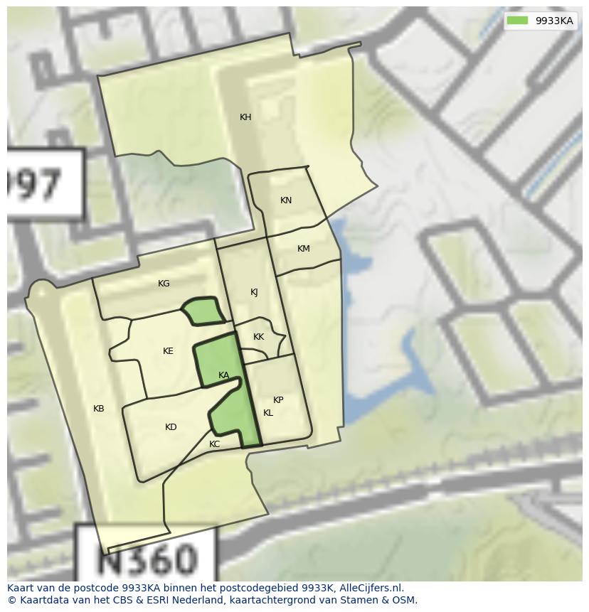 Afbeelding van het postcodegebied 9933 KA op de kaart.