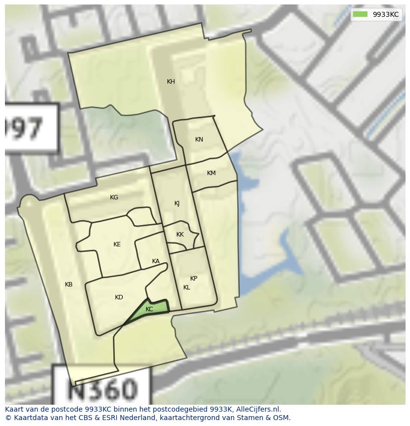 Afbeelding van het postcodegebied 9933 KC op de kaart.