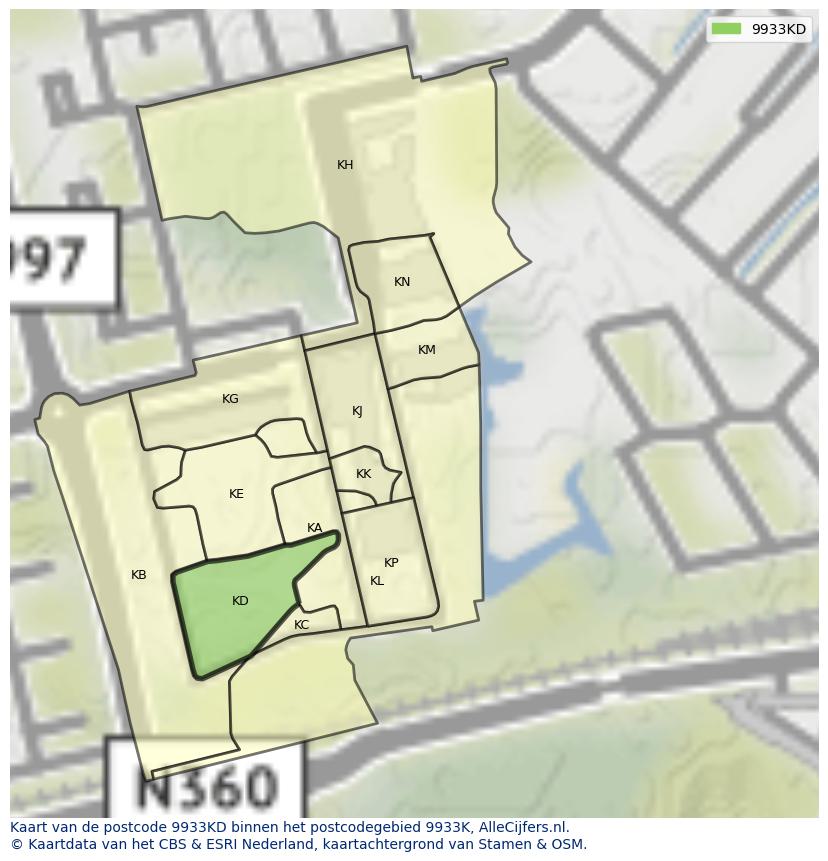 Afbeelding van het postcodegebied 9933 KD op de kaart.