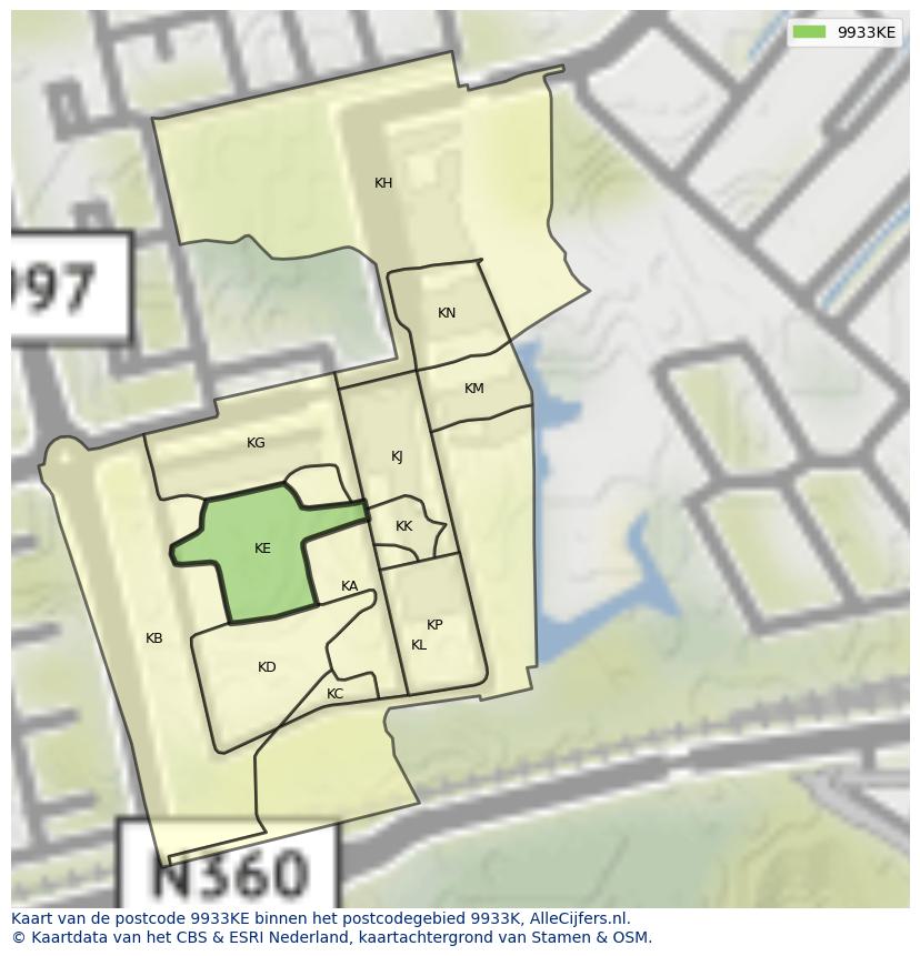 Afbeelding van het postcodegebied 9933 KE op de kaart.