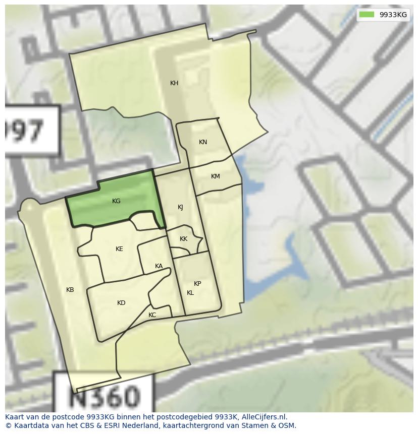 Afbeelding van het postcodegebied 9933 KG op de kaart.