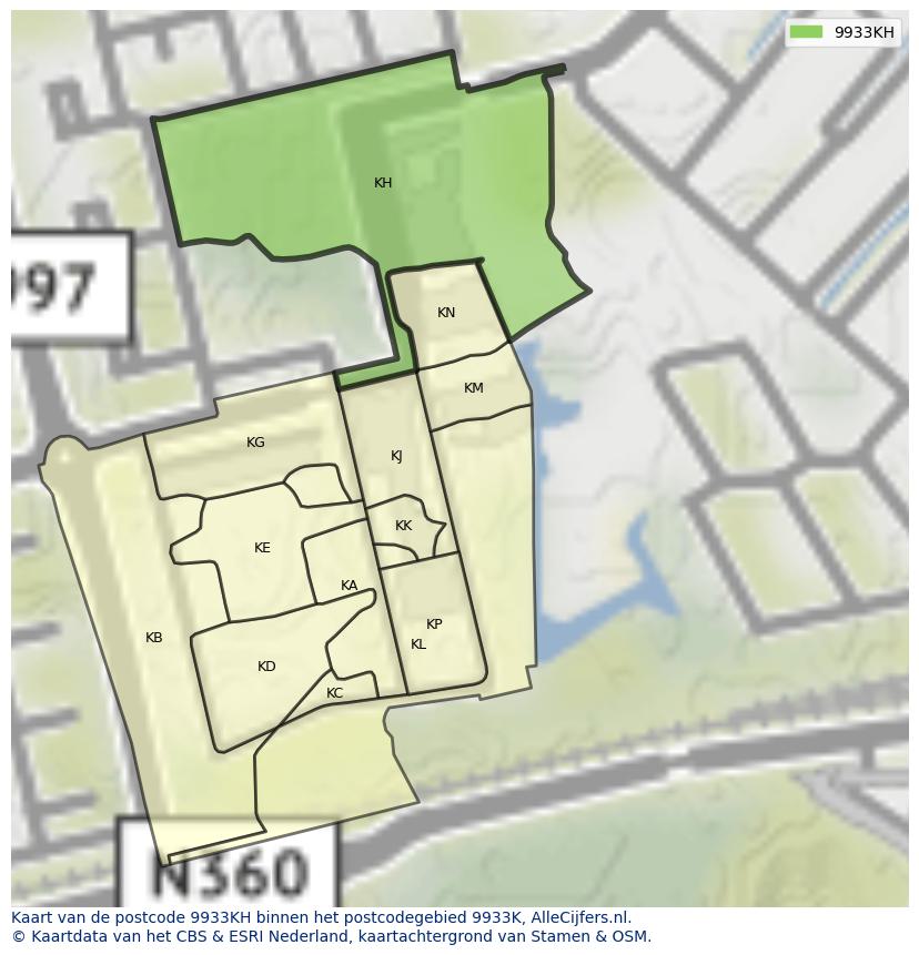Afbeelding van het postcodegebied 9933 KH op de kaart.
