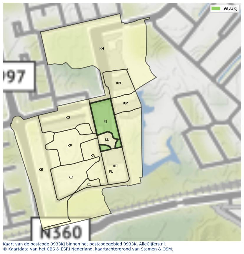 Afbeelding van het postcodegebied 9933 KJ op de kaart.