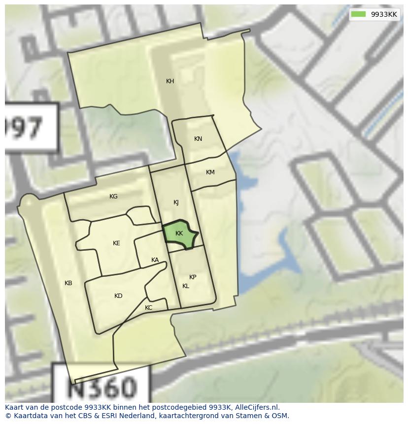 Afbeelding van het postcodegebied 9933 KK op de kaart.
