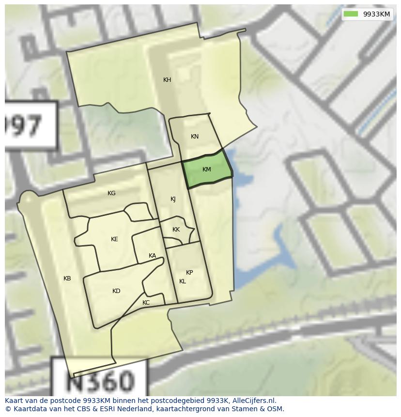 Afbeelding van het postcodegebied 9933 KM op de kaart.