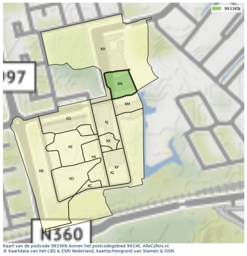 Afbeelding van het postcodegebied 9933 KN op de kaart.