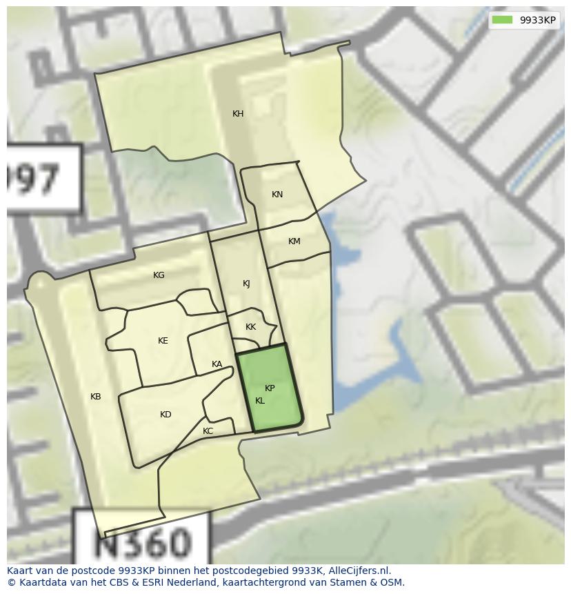Afbeelding van het postcodegebied 9933 KP op de kaart.