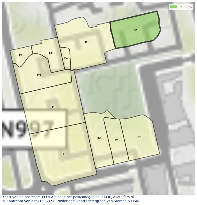 Afbeelding van het postcodegebied 9933 PA op de kaart.