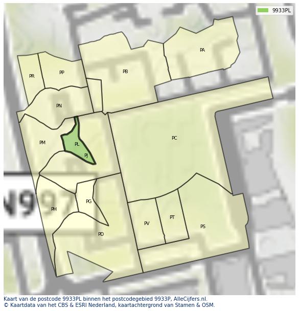 Afbeelding van het postcodegebied 9933 PL op de kaart.