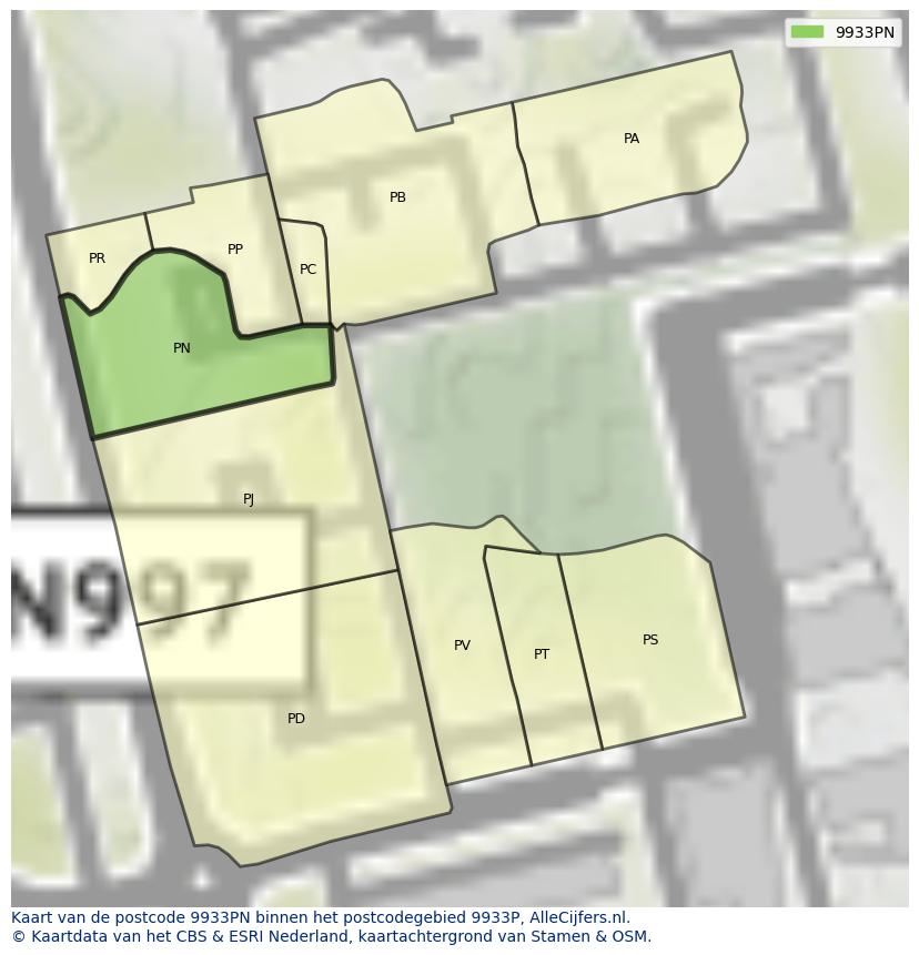 Afbeelding van het postcodegebied 9933 PN op de kaart.