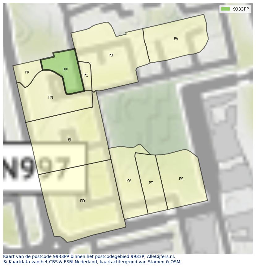 Afbeelding van het postcodegebied 9933 PP op de kaart.