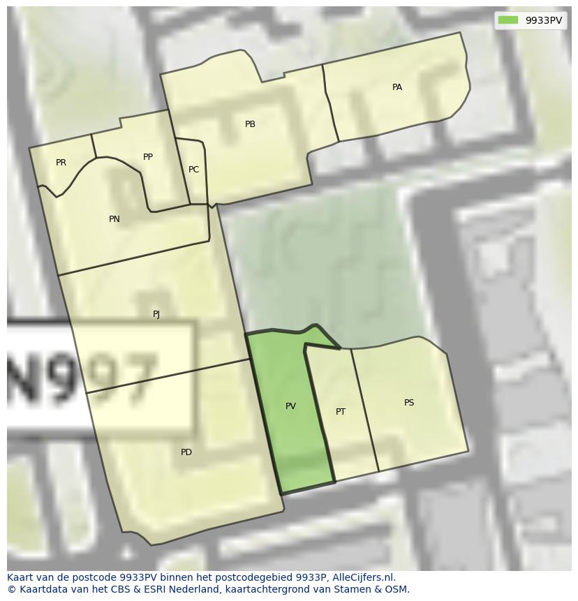 Afbeelding van het postcodegebied 9933 PV op de kaart.