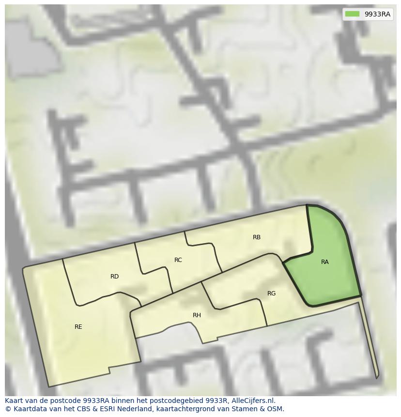 Afbeelding van het postcodegebied 9933 RA op de kaart.