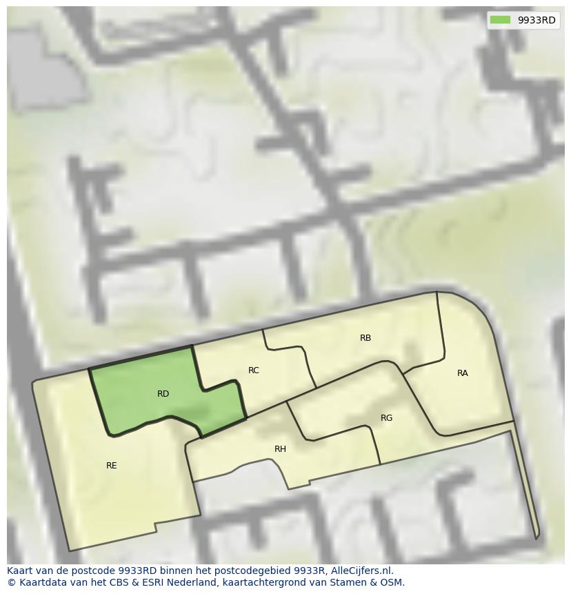 Afbeelding van het postcodegebied 9933 RD op de kaart.
