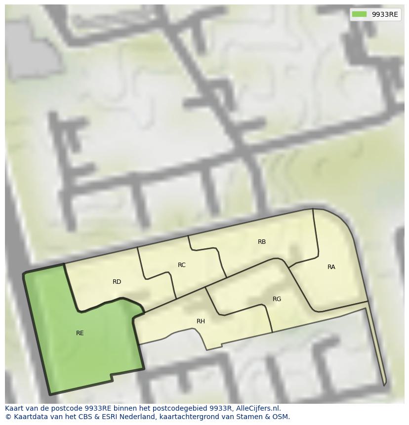 Afbeelding van het postcodegebied 9933 RE op de kaart.