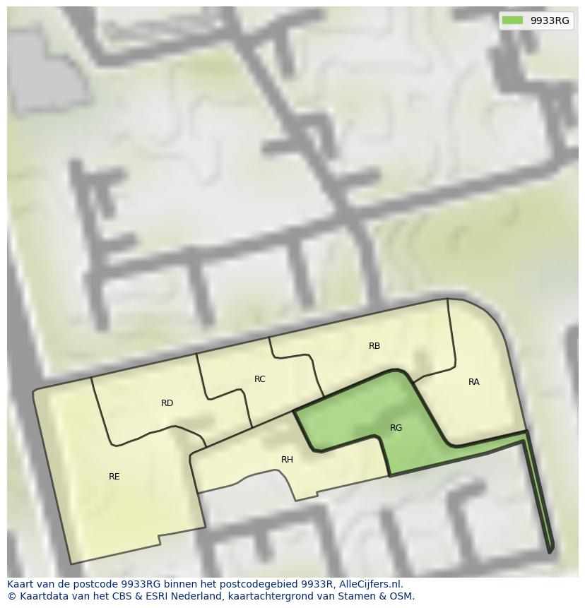 Afbeelding van het postcodegebied 9933 RG op de kaart.