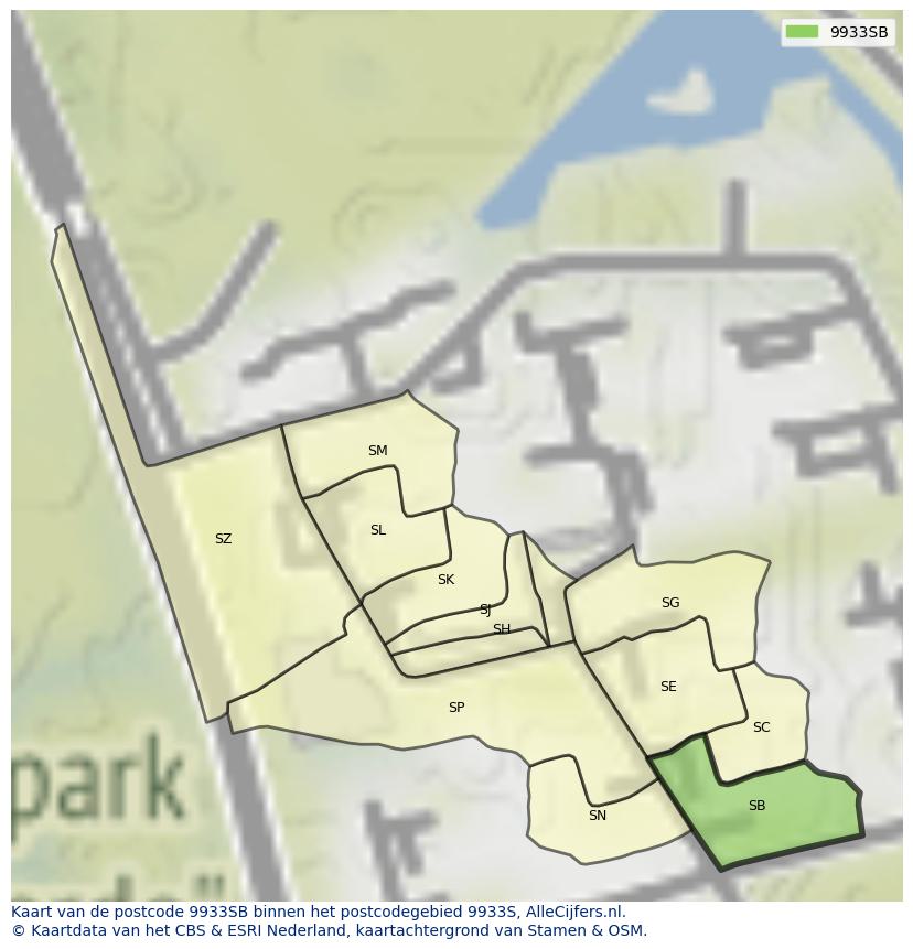 Afbeelding van het postcodegebied 9933 SB op de kaart.