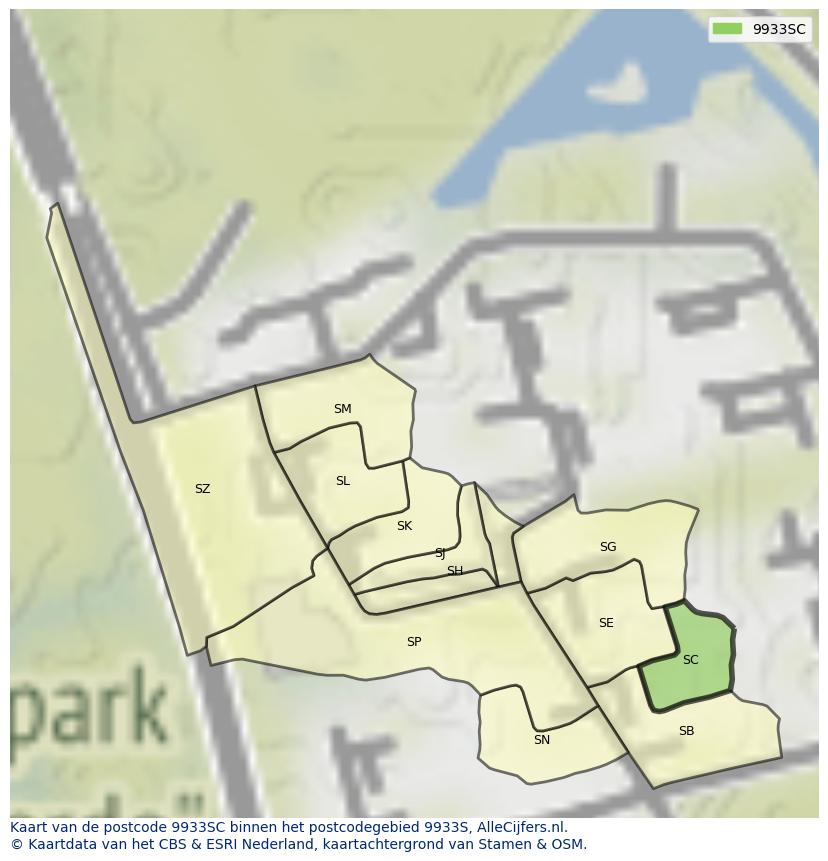 Afbeelding van het postcodegebied 9933 SC op de kaart.