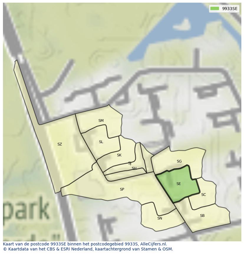 Afbeelding van het postcodegebied 9933 SE op de kaart.