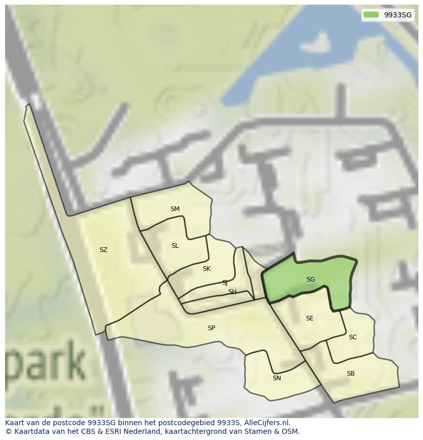 Afbeelding van het postcodegebied 9933 SG op de kaart.