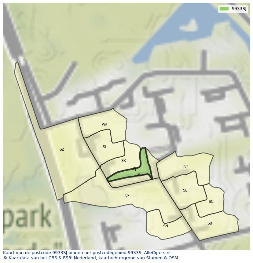 Afbeelding van het postcodegebied 9933 SJ op de kaart.