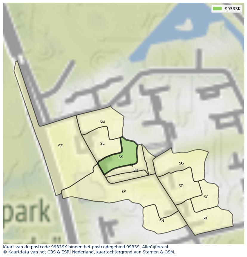 Afbeelding van het postcodegebied 9933 SK op de kaart.