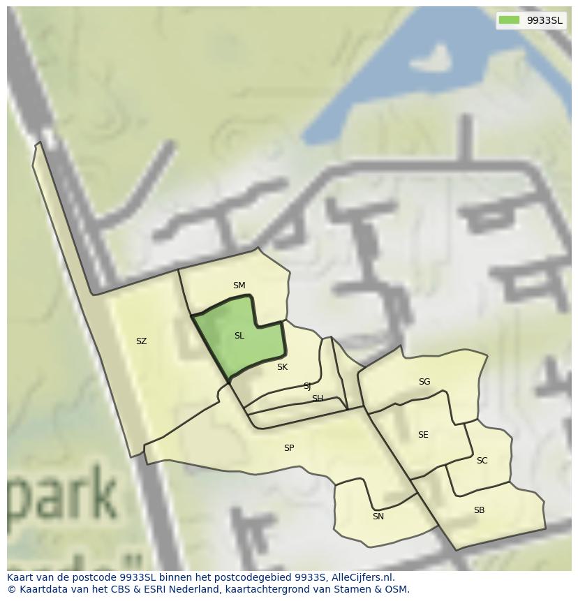 Afbeelding van het postcodegebied 9933 SL op de kaart.