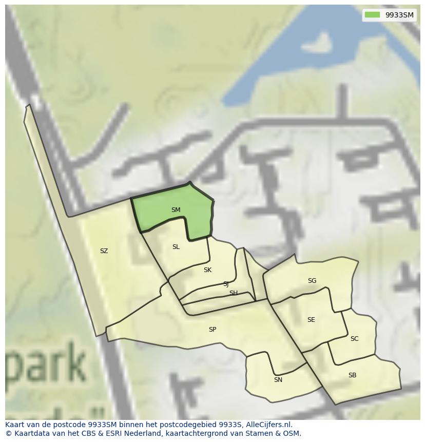 Afbeelding van het postcodegebied 9933 SM op de kaart.