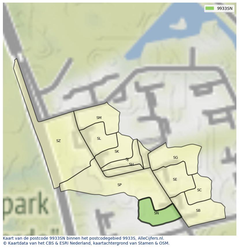 Afbeelding van het postcodegebied 9933 SN op de kaart.