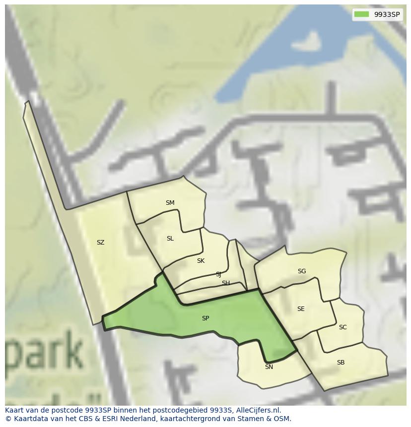 Afbeelding van het postcodegebied 9933 SP op de kaart.
