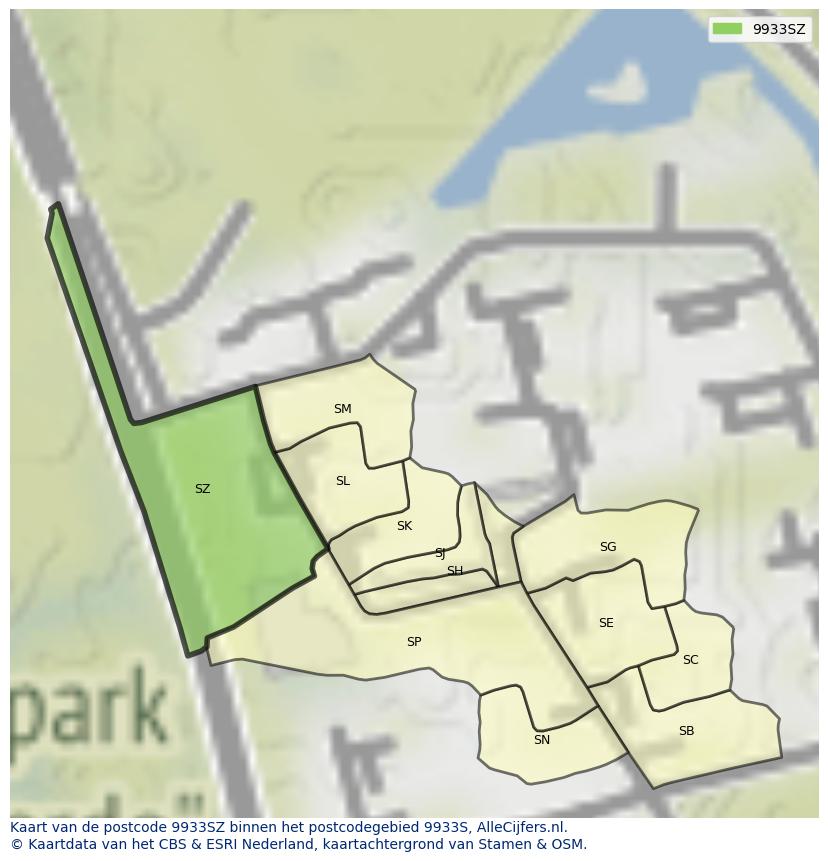 Afbeelding van het postcodegebied 9933 SZ op de kaart.