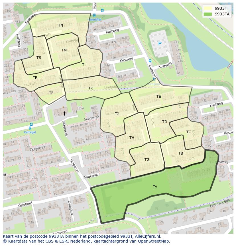 Afbeelding van het postcodegebied 9933 TA op de kaart.