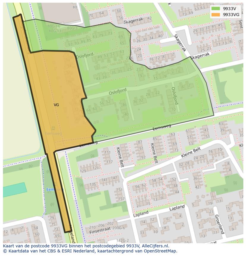 Afbeelding van het postcodegebied 9933 VG op de kaart.