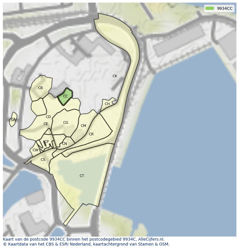 Afbeelding van het postcodegebied 9934 CC op de kaart.