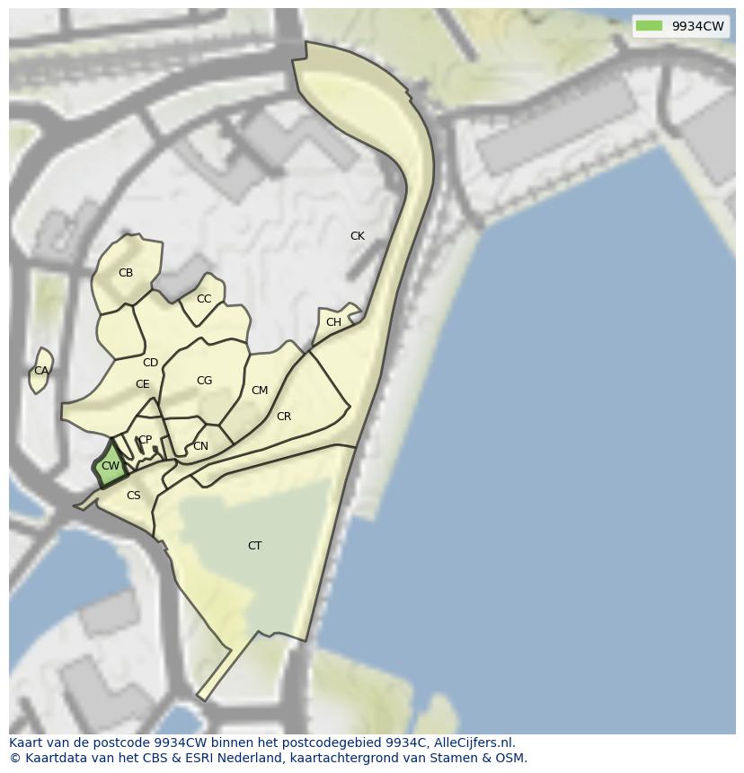 Afbeelding van het postcodegebied 9934 CW op de kaart.