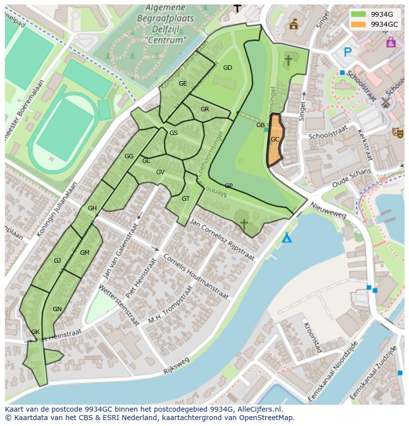 Afbeelding van het postcodegebied 9934 GC op de kaart.