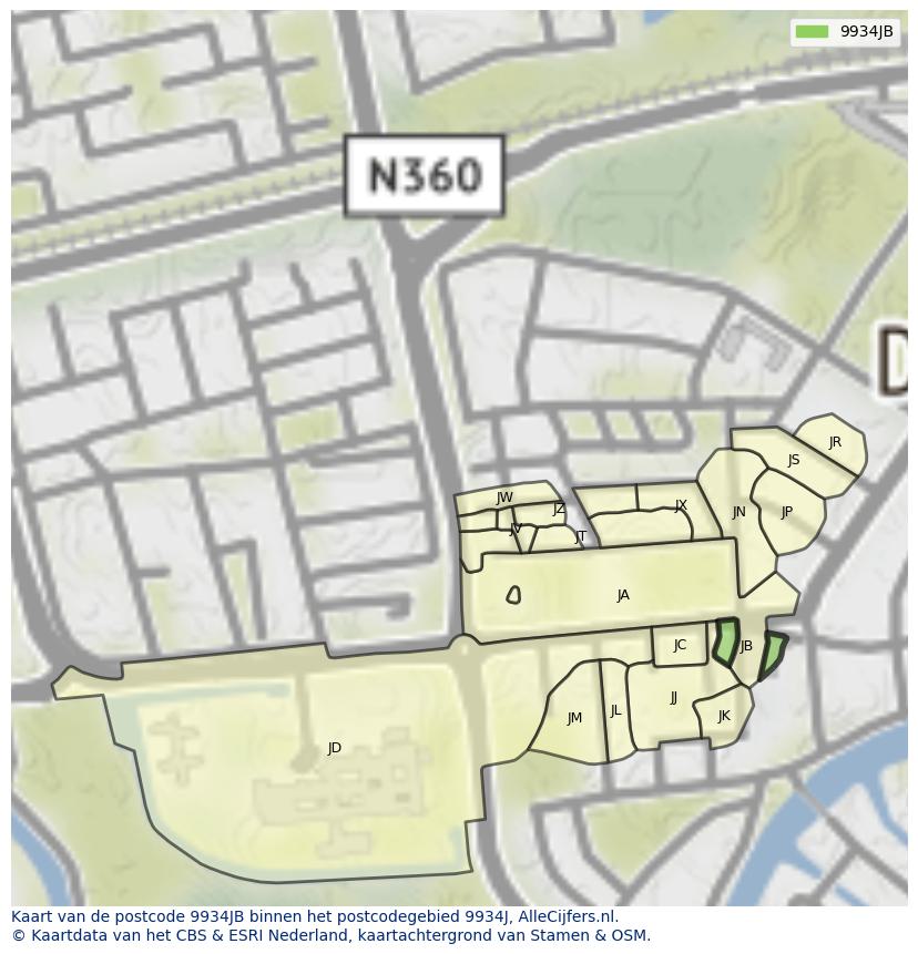 Afbeelding van het postcodegebied 9934 JB op de kaart.
