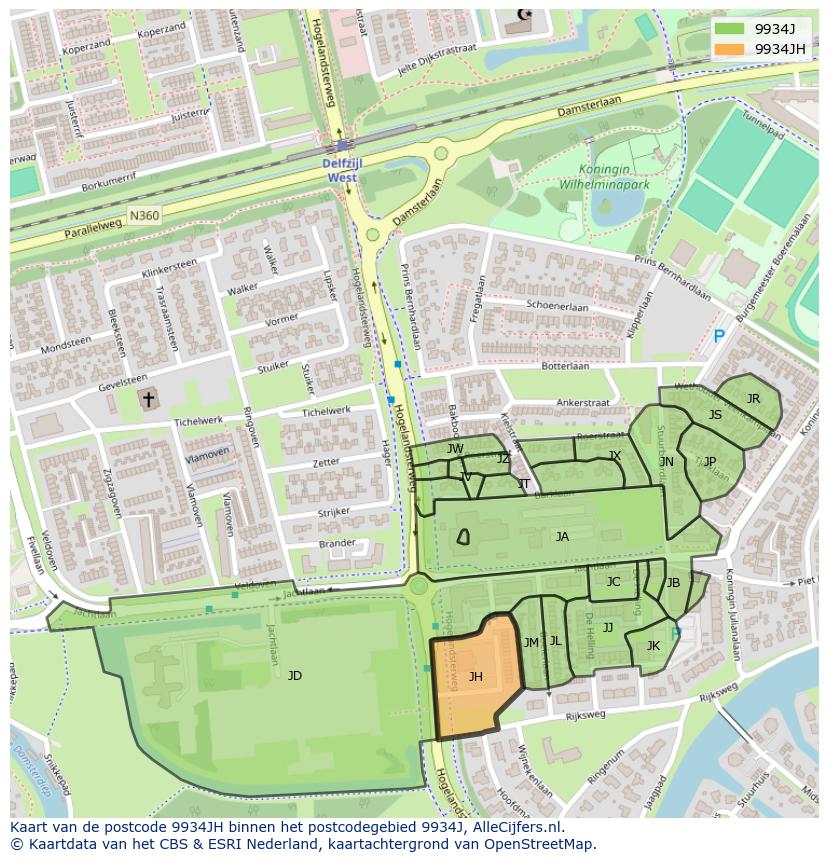 Afbeelding van het postcodegebied 9934 JH op de kaart.