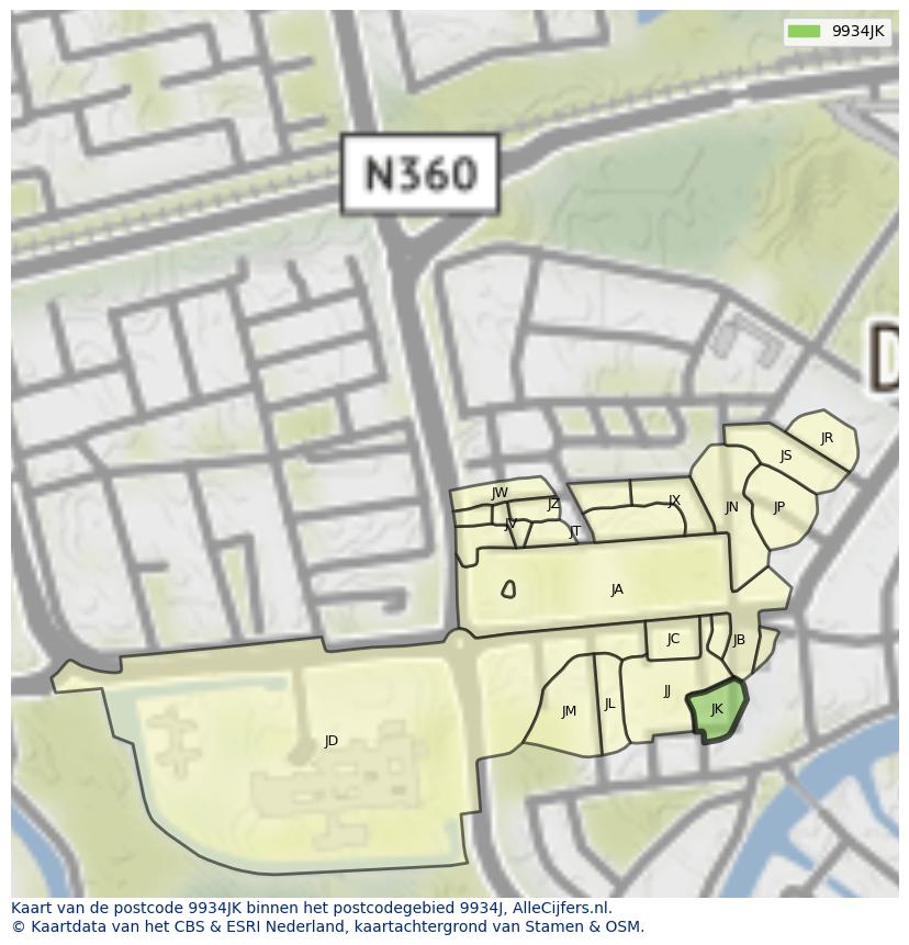 Afbeelding van het postcodegebied 9934 JK op de kaart.