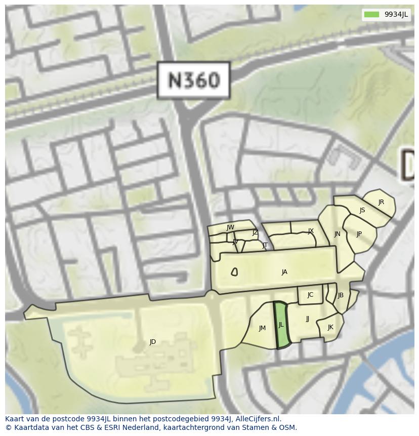 Afbeelding van het postcodegebied 9934 JL op de kaart.
