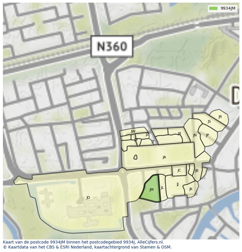 Afbeelding van het postcodegebied 9934 JM op de kaart.