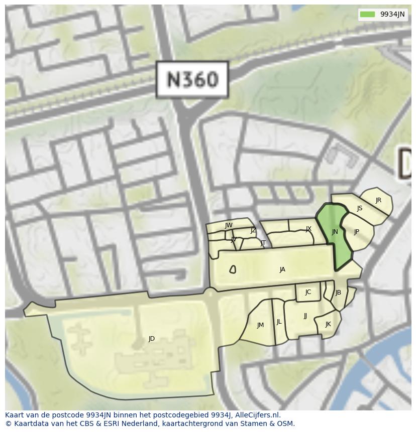 Afbeelding van het postcodegebied 9934 JN op de kaart.