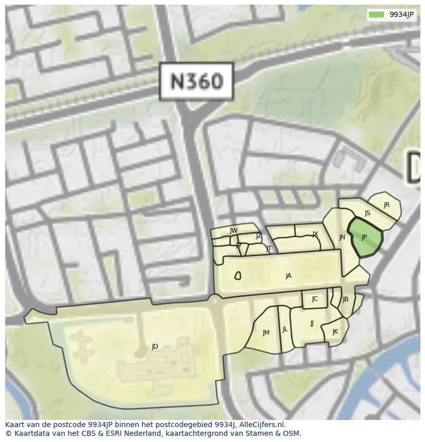 Afbeelding van het postcodegebied 9934 JP op de kaart.