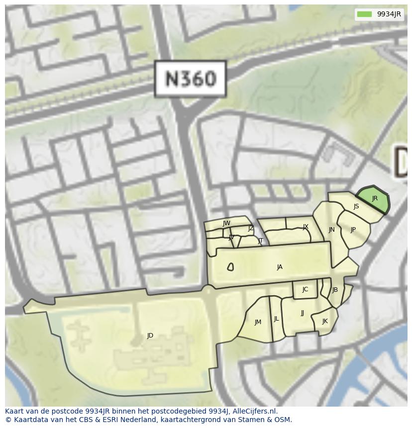 Afbeelding van het postcodegebied 9934 JR op de kaart.
