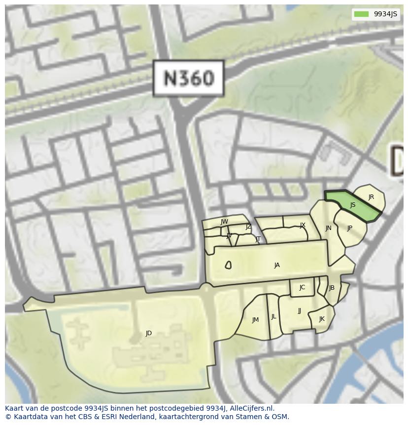 Afbeelding van het postcodegebied 9934 JS op de kaart.