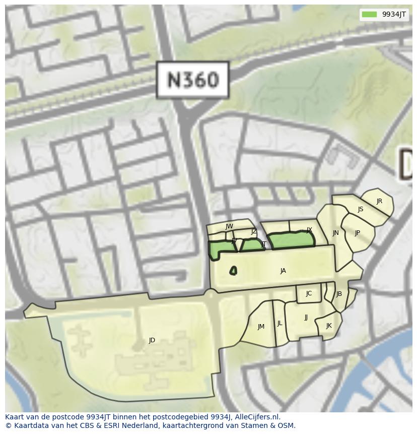 Afbeelding van het postcodegebied 9934 JT op de kaart.