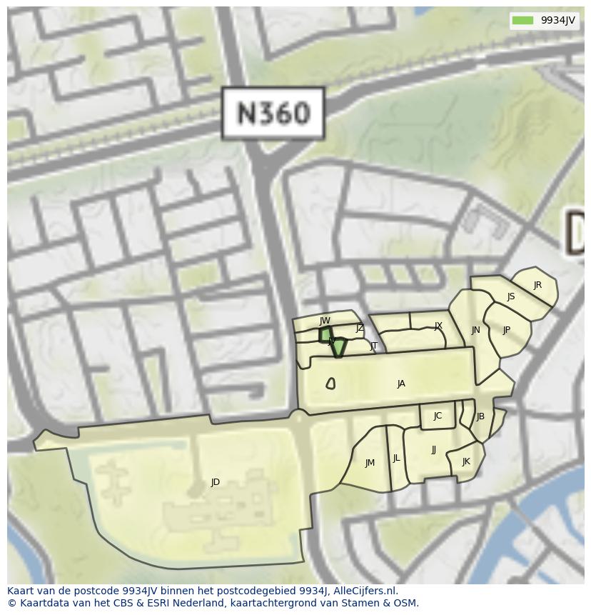 Afbeelding van het postcodegebied 9934 JV op de kaart.