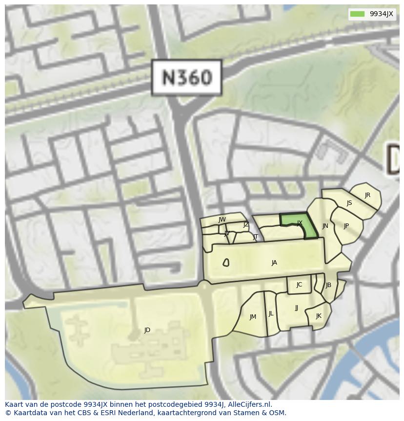 Afbeelding van het postcodegebied 9934 JX op de kaart.