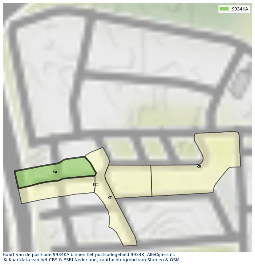 Afbeelding van het postcodegebied 9934 KA op de kaart.
